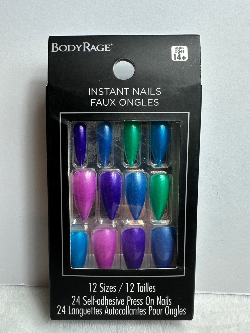 Spencer’s BodyRage Chrome Press on nails blue green purple NEW 24 pack 12 sizes
